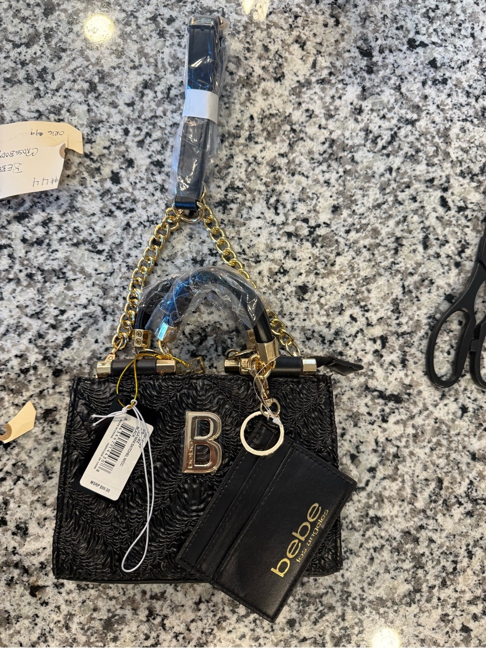 Bebe Black Textured Mini Satchel Crossbody with Gold Hardware
